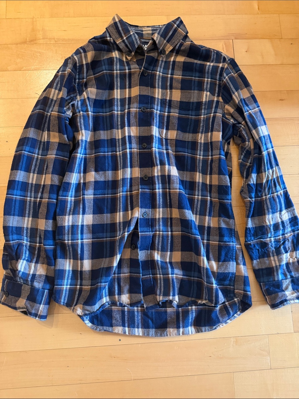 Lands' End Blue and Tan Plaid flannel Button-Down Shirt